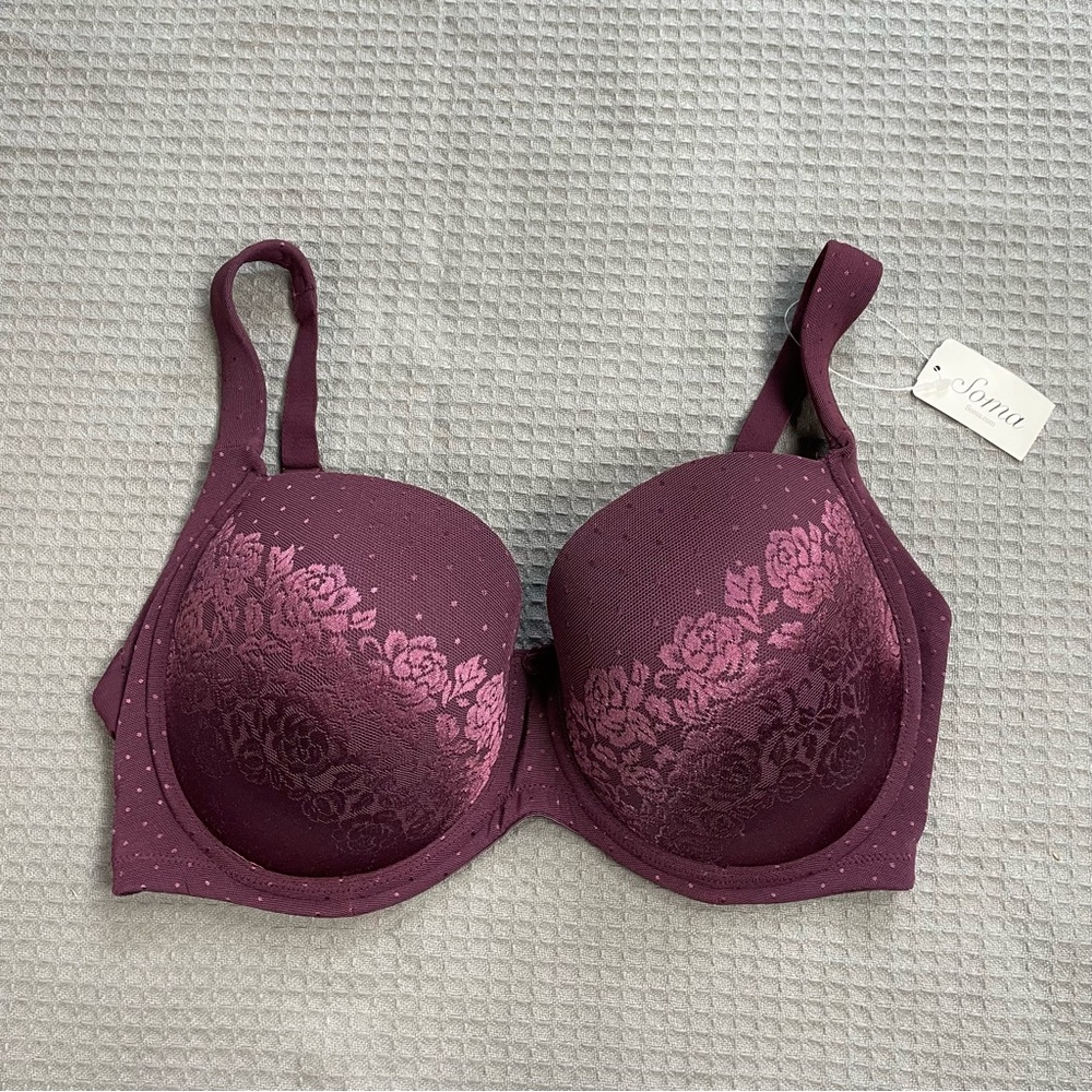 New Soma Stunning Support Bra 34G Full Coverage Fig Purple Lace